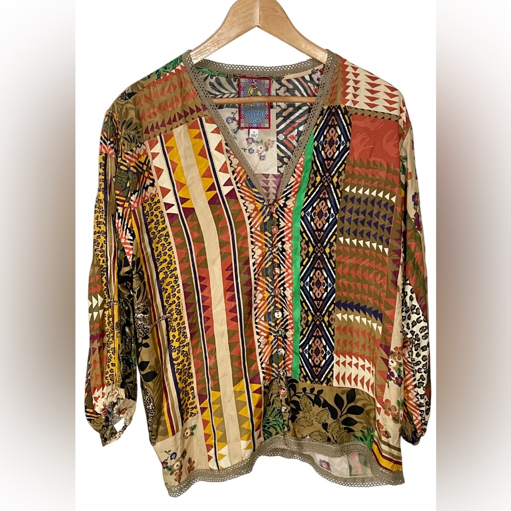 Johnny Was Blouse Shirt Top Size Small Fria Patchwork Boho Colorful Buttons - Picture 1 of 8